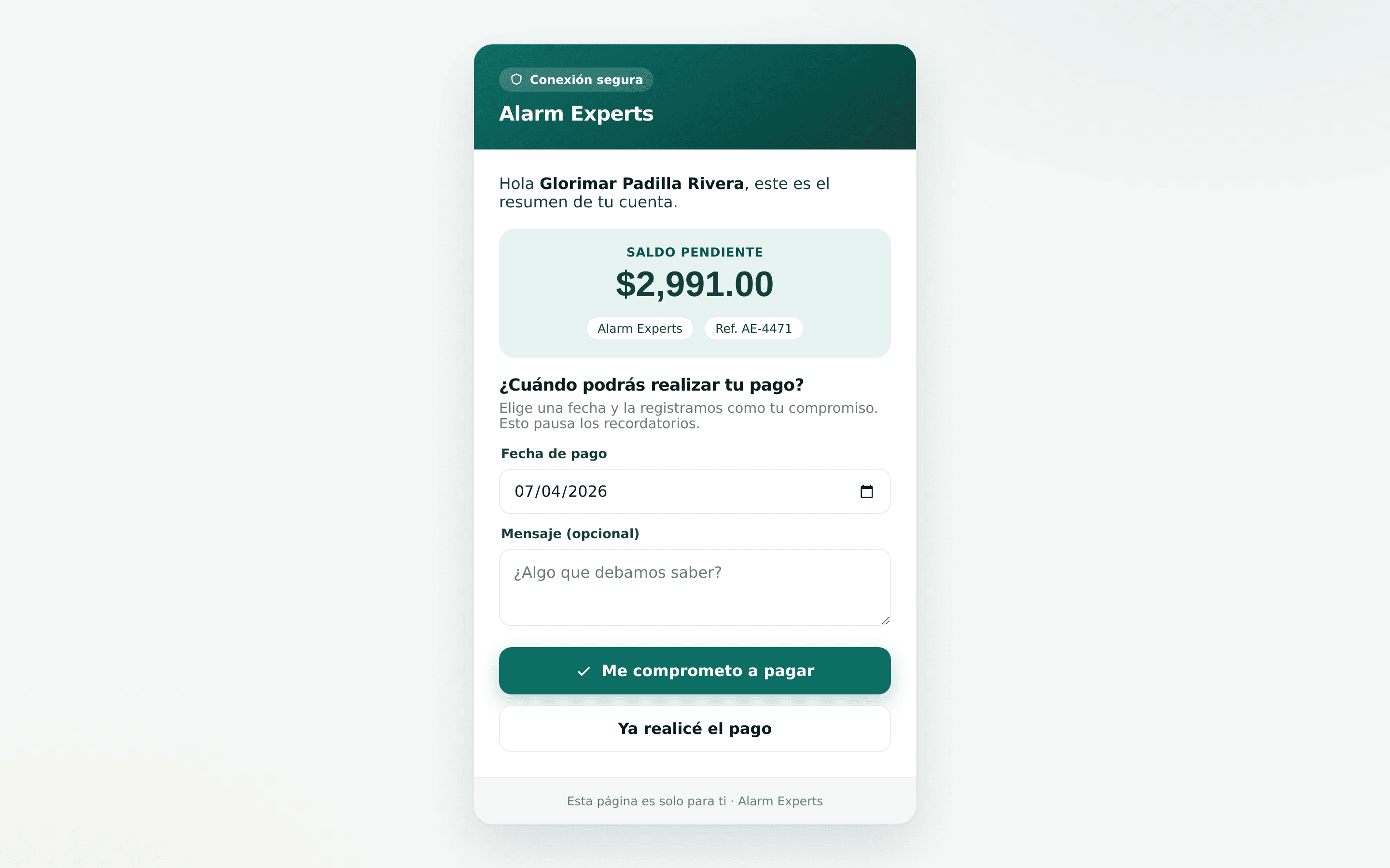 Portal del cliente mostrando el saldo pendiente y opciones de pago